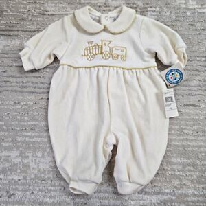 NWT CC Baby Vintage Velour Outfit Ivory Gold Train Embroidered Deadstock 0-3 Mo